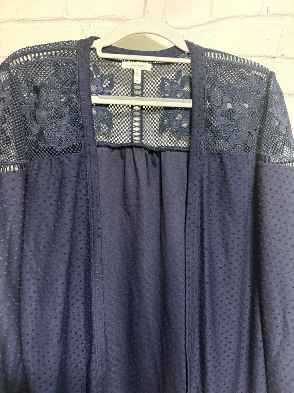 Open-Front Lace Yoke Tunic Cardigan -Navy - Picture 4 of 4